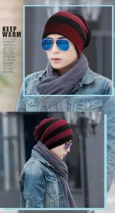 Stylish male model wearing a red and black striped beanie with a cozy purple scarf