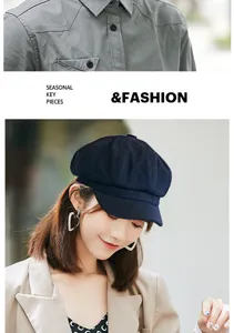 Stylish navy blue newsboy hat for women, vintage retro wool baker boy cap for autumn and winter