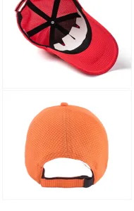 Vistas detalladas de gorras de béisbol de malla transpirable rojas y naranjas con correa