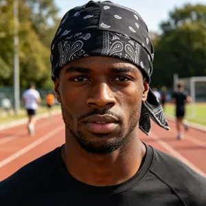 Dettaglio ravvicinato di durag bandana nero con motivo paisley indossato da un atleta