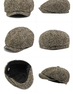 Multi-angle detail views of a vintage herringbone newsboy cap with a wool texture