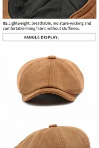 Close-up of breathable lining and front view of brown suede newsboy cap