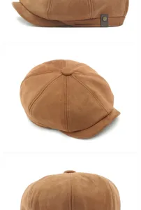 Detailed shots of a vintage brown suede newsboy cap featuring high-quality stitching and texture