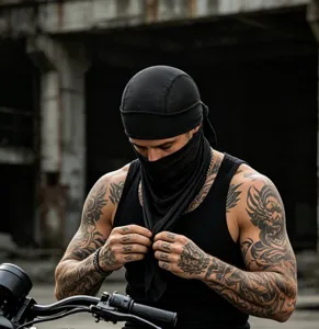 Dettaglio della bandana da ciclismo nera traspirante per attività sportiva all'aperto.