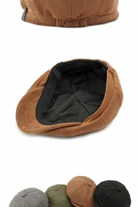 Close-up detail view of brown suede newsboy cap showing soft texture and inner lining