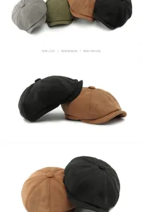 Macro view of soft suede texture and classic paneled design of the newsboy caps