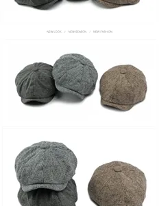 Detailed view of vintage herringbone twill newsboy caps in various grey and brown shades