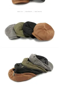 Detailed view of vintage suede newsboy caps in multiple colors with textured finish