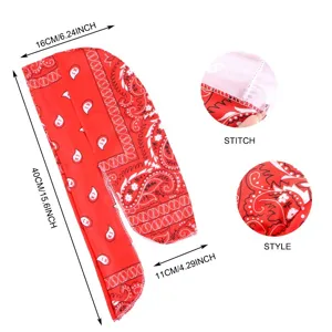 Durag rosso paisley con dimensioni e dettagli su cuciture e stile del design.