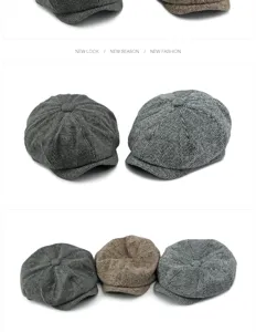 Retro British style herringbone newsboy cap in dark grey and brown wool texture.