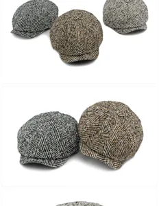 Detail view of retro newsboy caps featuring classic herringbone twill texture