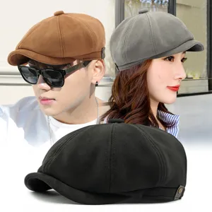 Retro suede newsboy octagonal caps in brown grey and black colors for men and women