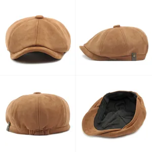 Vintage brown suede newsboy hat shown from four different angles on a white background