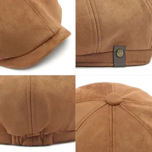 Vintage brown suede newsboy cap for men and women showing detailed textures