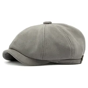 Vintage faux suede newsboy cap for men and women in classic grey color.