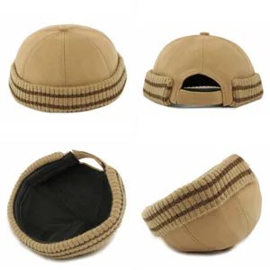 Vintage khaki ribbed docker hat for men and women, stylish striped brim skull cap