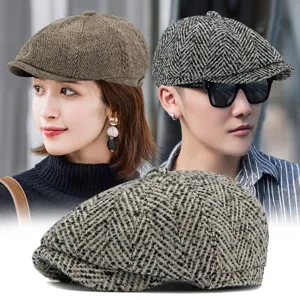 Vintage herringbone newsboy cap for men and women, classic retro octagonal ivy hat.