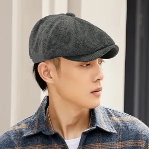 Classic grey herringbone newsboy cap for men featuring a vintage British retro octagonal design