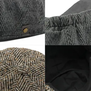 Retro herringbone newsboy hat for men and women with detailed material and craft views
