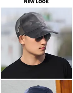Foto de estilo de vida al aire libre de un modelo con gorra de béisbol de malla camo