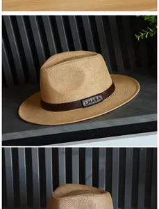 Primo piano di un cappello Panama in paglia con una fascia decorativa in pelle marrone