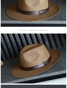 Dettaglio ravvicinato di un cappello Panama in paglia con fascia in pelle marrone