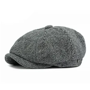 Classic gray herringbone newsboy cap with octagonal design in retro British style
