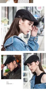 Gorra clásica negra tipo newsboy lucida por modelos hombre y mujer en ambiente urbano