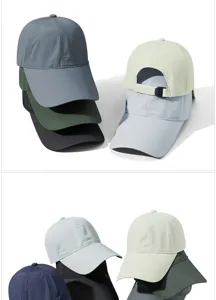 Détail de plusieurs casquettes de baseball en maille respirante de diverses couleurs.