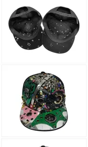 Detail einer Punk-Hip-Hop-Mütze mit bunten Strasssteinen, Nieten und Totenkopf-Deko.
