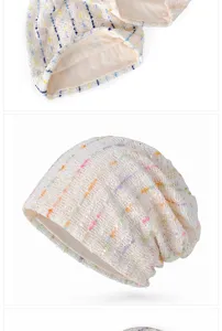 Close-up detail of a breathable summer slouchy beanie with colorful stripes texture
