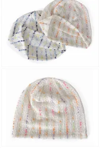 Close-up detail of lightweight breathable striped knit beanie with colorful dot accents