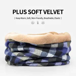 Detailed view of winter checkered neck gaiter with thick tan plush fleece lining