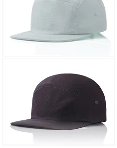 Lightweight five-panel flat brim cap in grey and purple for outdoor sun protection.