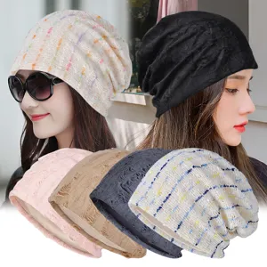 Fashionable thin slouchy beanie hats with distressed texture and striped patterns for women