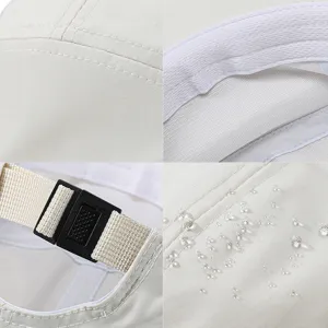 Detailed shots of a beige quick-dry five-panel baseball cap with waterproof fabric