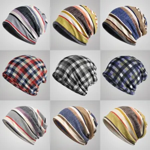 Unisex Slouchy Beanie Hat Plaid Striped Neck Warmer Soft Fleece Lined Winter Warm Knit Cap For Men Women Outdoor Daily Accessory