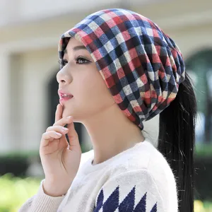 Versatile plaid beanie and neck warmer with ponytail hole for women