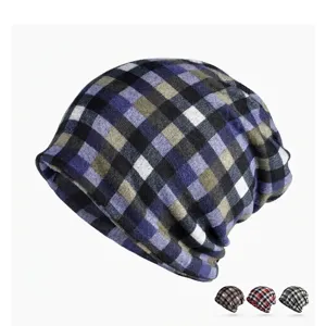 Stylish plaid knit beanie slouchy hat for men and women, warm winter headwear accessory