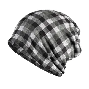 Unisex plaid slouchy beanie hat in black and white checkers for autumn and winter warmth