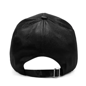 Adjustable black mercerized cotton baseball cap with satin finish and silver buckle