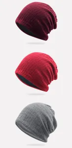 Set of three textured knit slouchy beanies in burgundy, red, and grey for casual wear.