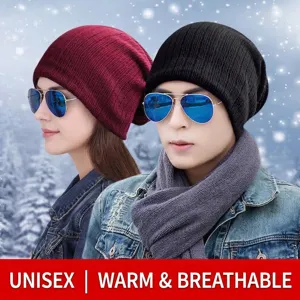 Winter outdoor warm unisex acrylic knit beanie hats available in burgundy and black colors