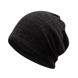 Stylish black acrylic knit slouchy beanie hat for men and women in hip-hop street style
