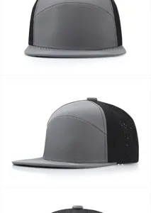Vista dettagliata del cappellino da baseball grigio e nero con rete da varie angolazioni.
