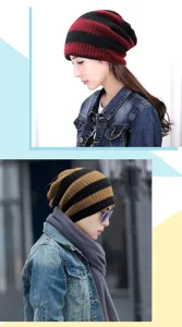 Detailed view of unisex striped knitted beanie hats in red and brown for winter warmth