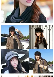 Collage of lifestyle photos showing an Asian woman wearing a black retro newsboy hat.