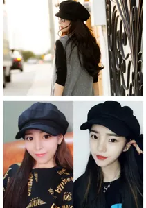Three views of a black wool baker boy hat showing front and back styling on a model