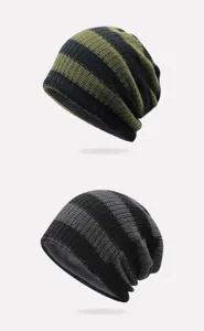 Detailed view of striped knit beanies featuring olive green and grey color variants.