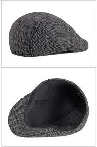 Detailed views of a grey herringbone newsboy cap showing exterior texture and interior lining